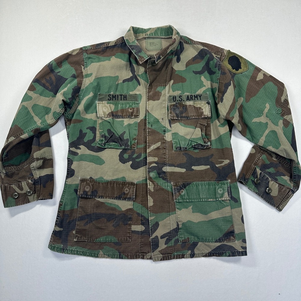 Vintage 80s US Army Woodland Camo BDU Ripstop Jacket M Regular Patches Grunge